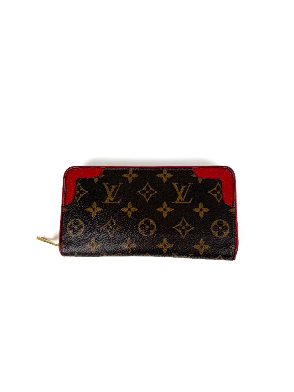 LOUIS VUITTON Retiro Monogram Coated Canvas Red Leather  Zip Long Wallet